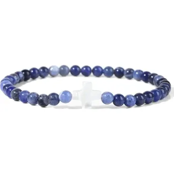 Náramek Přírodní kámen korálkový náramek s křížkem | šperky - 31 Sodalit , 17 cm