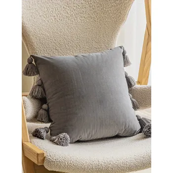 Polštář Sametový dekorativní povlak na polštář s třásněmi | sametový polštář, dekorativní polštář - šedá
