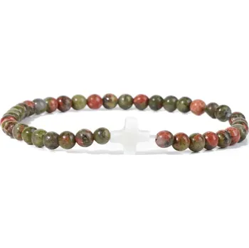 Náramek Přírodní kámen korálkový náramek s křížkem | šperky - 32 unakit , 21 cm