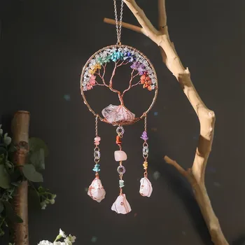 Lapač snů z krystalů a motivem stromu života | závěsná dekorace, okenní dekorace - A11 , 1ks