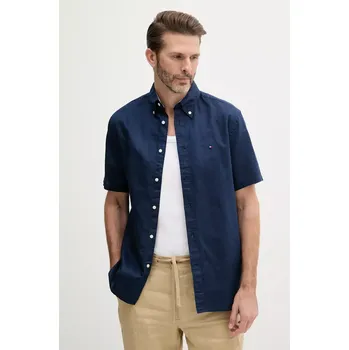 Pánská košile Košile s příměsí lnu Tommy Hilfiger pánská, tmavomodrá barva, regular, s límečkem button-down, MW0MW40703 59X, vel. S