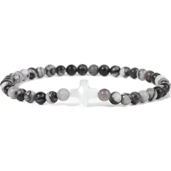 Náramek Přírodní kámen korálkový náramek s křížkem | šperky - 30 Černý Picasso , 19 cm