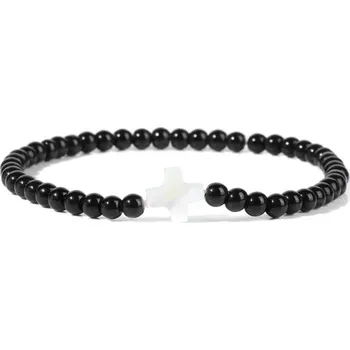 Náramek Přírodní kámen korálkový náramek s křížkem | šperky - 26 Černý onyx , 21 cm