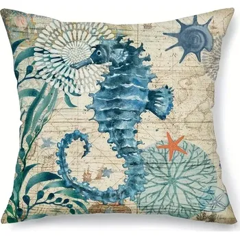 Povlak na dekorativní polštářek Modrý povlak na polštář s mořskými zvířaty | dekorativní povlak, námořnický polštář - povlak na polštář Mořský koník