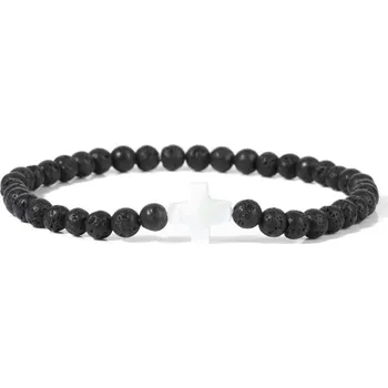 Náramek Přírodní kámen korálkový náramek s křížkem | šperky - 4 Lávový kámen , 19 cm