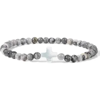 Náramek Přírodní kámen korálkový náramek s křížkem | šperky - 38 Mapa Jasper , 17 cm