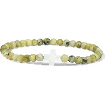 Náramek Přírodní kámen korálkový náramek s křížkem | šperky - 17 Žlutý howlit , 17 cm