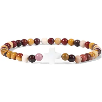 Náramek Přírodní kámen korálkový náramek s křížkem | šperky - 37 Mookite , 19 cm