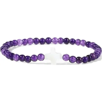 Náramek Přírodní kámen korálkový náramek s křížkem | šperky - 27 Ametyst , 21 cm