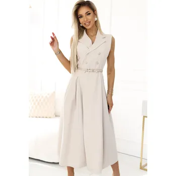 Dámské šaty 596-1 Elegantní midi košilka se zlatými knoflíky a páskem - BEACH UNI