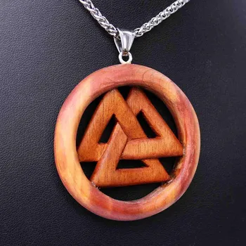 Náhrdelník Ocelový náhrdelník - Valknut symbol / Tygří dřevo / Červený Cedr / Řetízek Celtic 01