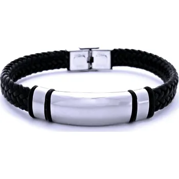 Náramek Ocelový náramek - pletená černá kůže / destička (8906)