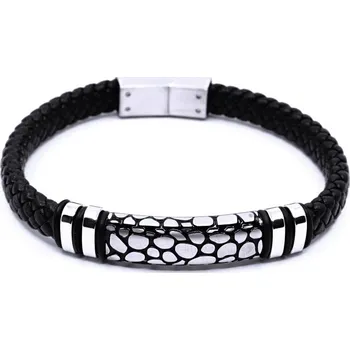 Náramek Ocelový náramek - pletená černá kůže / destička