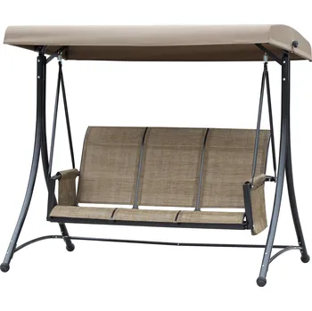 Zahradní houpačka Outsunny Venkovní houpačka Outsuuny s boční kapsou, 3místná zahradní houpačka s nastavitelným střešním oknem, nosnost houpací lavice do 300 kg, 196 x 128 x 172 cm, hnědá