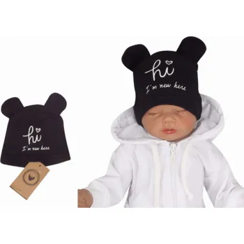 Kojenecká čepice Z&Z Bavlněná čepička s oušky Hi I´m new here, černá, Velikost koj. oblečení 56/62 (0-3m)