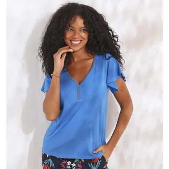 Dámské tričko Tričko s výstřihem do V a třpytivou lemovkou modrá 38/40