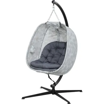 Zahradní houpačka Outsunny venkovní závěsné křeslo ve tvaru vejce, skládací závěsná houpačka s rámem, podsedáky, houpací síť pro 1 osobu - šedá