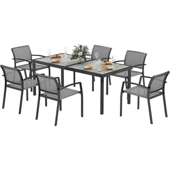 Zahradní sestava Outsunny sedací sestava 7dílná jídelní sestava pro 6 osob jídelní stůl se 6 stohovatelnými židlemi, šedý