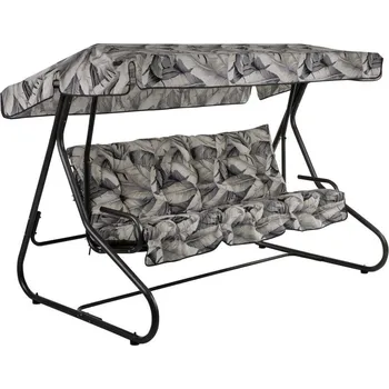 Zahradní houpačka Pevná zahradní houpací lavice kovová s odnímatelným čalouněním a stříškou, šedá / listy, 220 cm