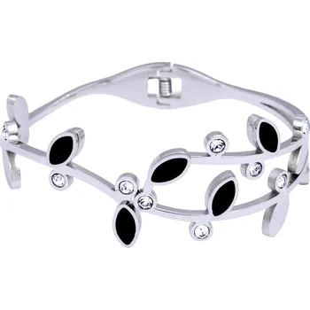 Náramek Ocelový náramek - Pevný / Elegant / Kamínky / Črné lístky (44271)