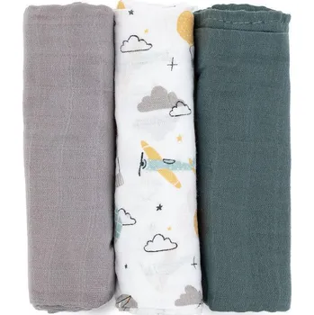 látková plena Petite & Mars Sada plenek bambusová mušelínová 3 ks 68 x 68 cm Petite&Mars Moussy Grey Planes