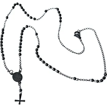 Náhrdelník Ocelový náhrdelník - Černý růženec / Obracený kříž (V20)