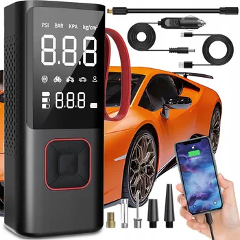 BEZDRÁTOVÝ PŘENOSNÝ KOMPRESOR DO AUTA / NA KOLO S LCD DISPLEJEM A BATERIÍ 6000MAH