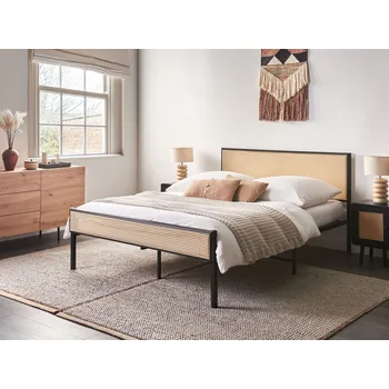 Postel Postel černá železný kovový rám 140 x 200 cm lamelový rošt PE ratan vídeňský výplet s čelem moderní boho styl ložnice Beliani