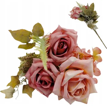 umělá květina Umělá kytice míchaná, růže tmavě růžová, dekorační větvička, 34 cm