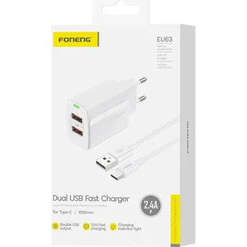FONENG | RYCHLÁ SÍŤOVÁ NABÍJEČKA 2x USB 2.4A + KABEL USB/TYPE-C 1 METR