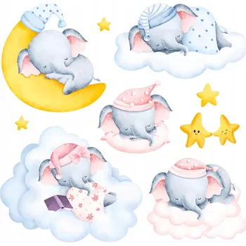 Obraz Dekorace do dětského pokoje Pastelová noční obloha Sloni a obláčky 60x84 cm