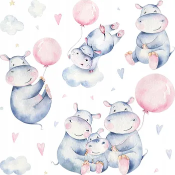 Obraz Samolepky Rodina Hrochů Roztomilá Zvířátka Balónky a Obláčky 60x102 cm