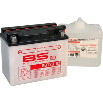 Motobaterie BS akumulátor BB12B-B2 (YB12B-B2) 12V 12AH 160X80X160 obsluhovaný - elektrolyt zvlášť (155A) (4) UE2019/1148 (BS akumulátor BB12B-B2 (YB12B-B2) 12V 12AH 160X80X160 obsluhovaný - elektrolyt zvlášť (155A) (4) UE2019/1148)