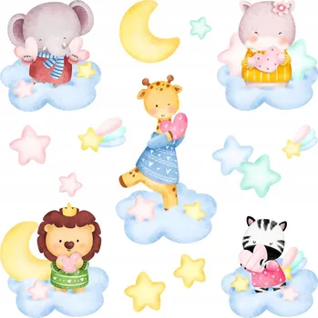 Obraz Nálepky Na Zeď Sada Roztomilá zvířátka na obláčcích mezi hvězdami 60x92 cm