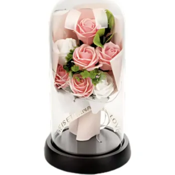 umělá květina Wieczna Róża LED ve Skleněné Kopuli - Růžová Kytice Květin