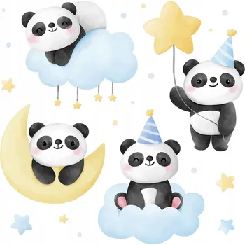 Obraz Sada nástěnných dekorací pro děti - Roztomilí medvídci panda na obloze, 60x84 cm