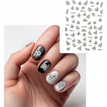 Umělé nehty SAMOLEPKY 3D NA NEHTY OZDOBY ČERNO-BÍLÉ RŮZNÉ VZORY DH-304 KVĚTINY