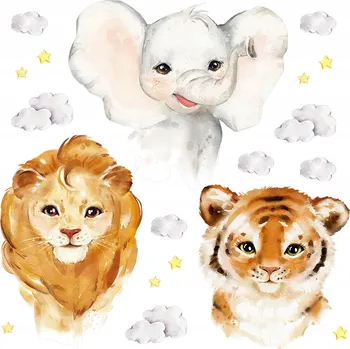 Obraz Nálepky Na Zeď Malá roztomilá zvířátka Lev Slon Tygr Mraky 60x95 cm