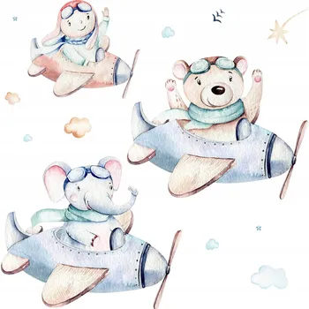 Obraz Nálepky Na Zeď Samolepicí Medvídek, Slon a Chlapec v Letadlech 60x92 cm