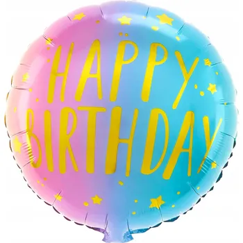 Balónek Foliový balónek kulatý pastelový duhový zlatý nápis Happy Birthday 45 cm