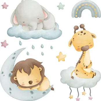 Obraz Samolepky pro děti - Roztomilá zvířátka na obloze, stylové akvarelové provedení, 60x91 cm