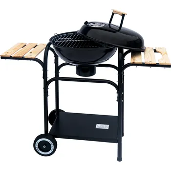 Zahradní gril Gril na dřevěné uhlí s ocelovým víkem a dřevěnými poličkami Mirpol 43 x 43 cm