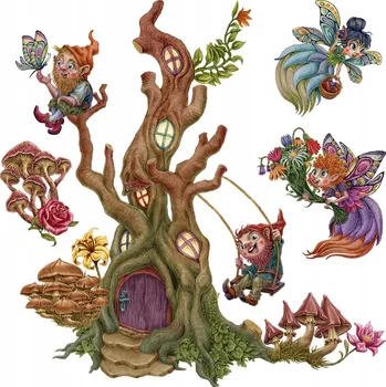 Obraz Ozdobné Samolepky Lesní stvoření Víly Skřítci a Domeček Strom 60x62 cm