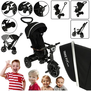 Dětská tříkolka TŘÍKOLKA S VODICÍ TYČÍ Černá Otočné Sedadlo Stříška