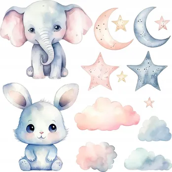 Obraz Sada nástěnných dekorací pro děti - Roztomilá zvířátka a noční obloha, 60x103 cm