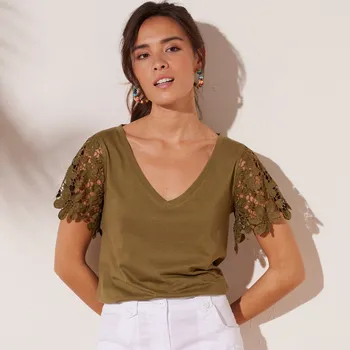 Dámské tričko Tričko s krátkými macramé rukávy khaki 38/40