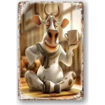 Plechová cedule BAF Kovová cedule Spokojená kravička s kávou 30 x 20 cm