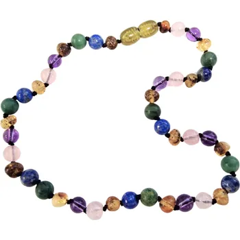 Náhrdelník Baltský jantar Jantarové korálky pro děti proti bolesti leštěné s ametystem, růženínem a jadeitem