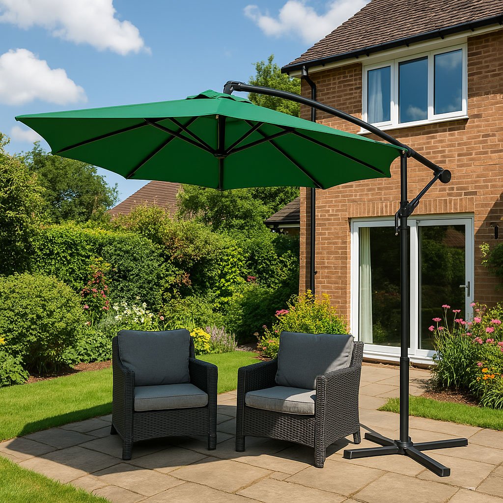 MultiGarden Velký zahradní slunečník s ramenem 300 cm, skládací, 6 žeber, zelený