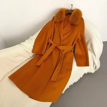 Dámský kabát Vlněný dlouhý kabát s pravým kožíškem liška Barva: Oranžová, Velikost: M
